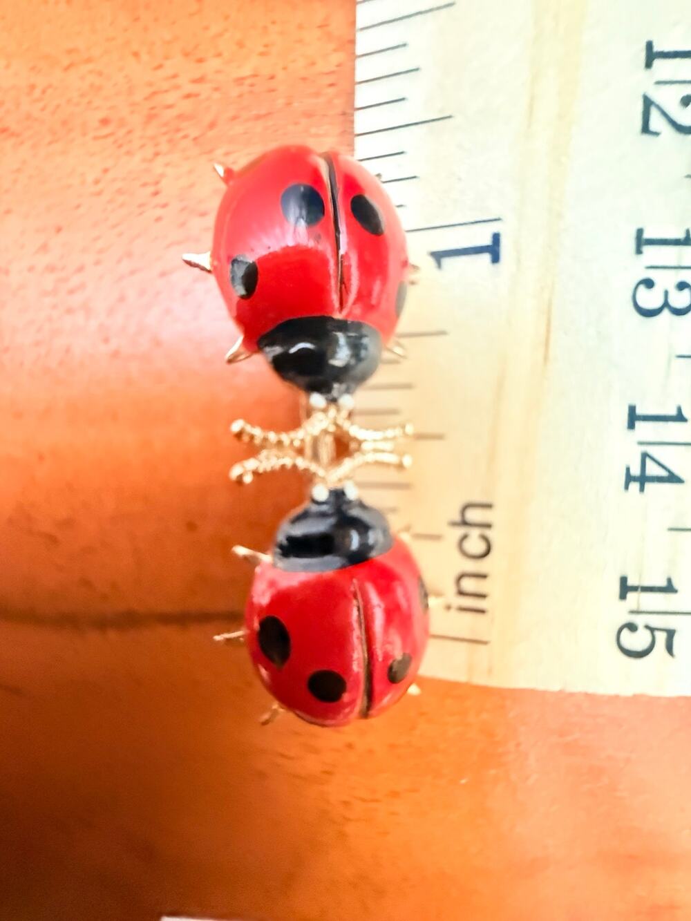 Vintage Double Ladybug Brooch Red Black Gold Tone Signed Korea